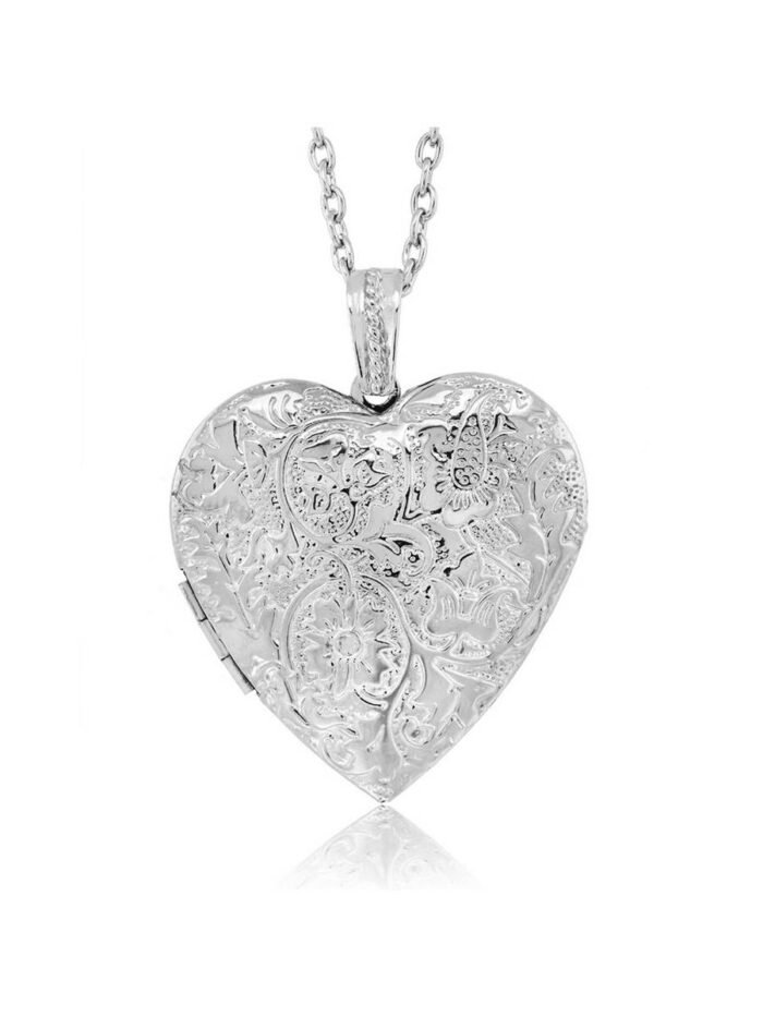 Locket Pendant Necklace Charm 1.5" Engraved Flowers Heart Shape - Image 1